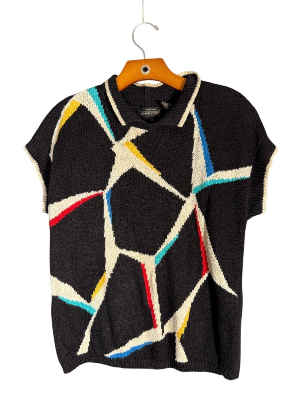 Vintage Ramie Cotton Geometric Print Short Sleeve Sweater Collared Funky Retro M